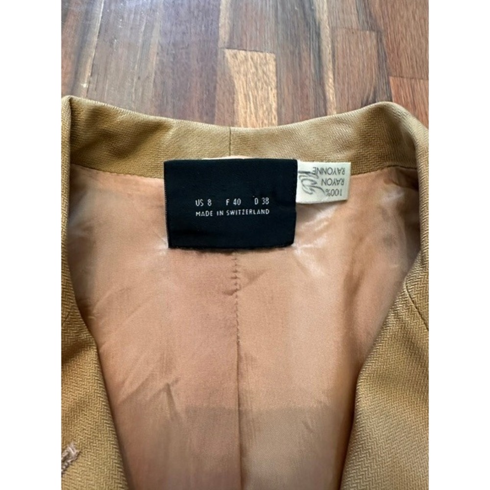 Vintage Swiss Made Herringbone Blazer Tan Camel Rayon Button Front Jacket US 8